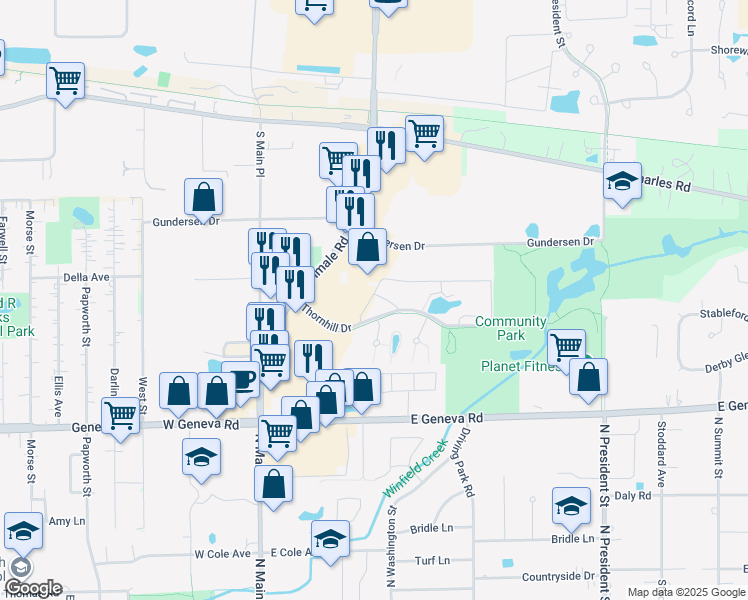 map of restaurants, bars, coffee shops, grocery stores, and more near 535 Thornhill Drive in Carol Stream