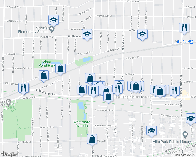 map of restaurants, bars, coffee shops, grocery stores, and more near 122 North Biermann Avenue in Villa Park
