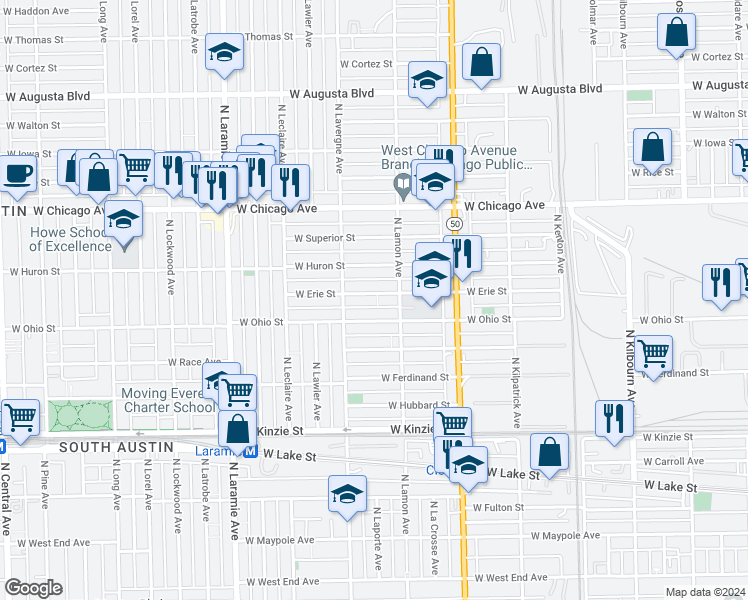 map of restaurants, bars, coffee shops, grocery stores, and more near 4925 West Erie Street in Chicago