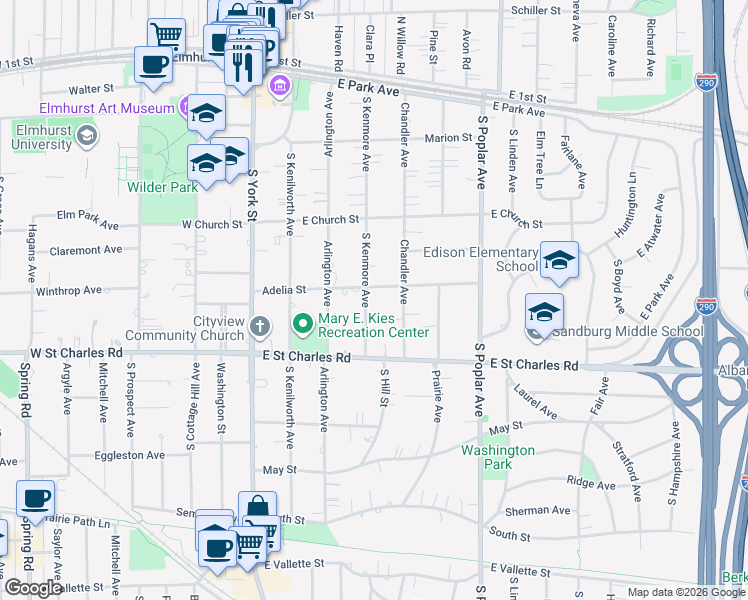 map of restaurants, bars, coffee shops, grocery stores, and more near 295 South Kenmore Avenue in Elmhurst