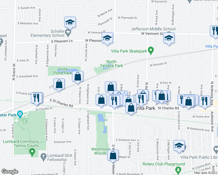 map of restaurants, bars, coffee shops, grocery stores, and more near 124 N Westmore Ave in Lombard