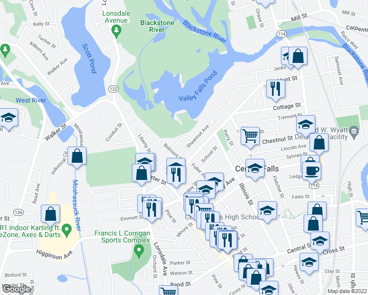 map of restaurants, bars, coffee shops, grocery stores, and more near 237 Shawmut Avenue in Central Falls