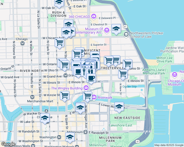 map of restaurants, bars, coffee shops, grocery stores, and more near 555 North Michigan Avenue in Chicago