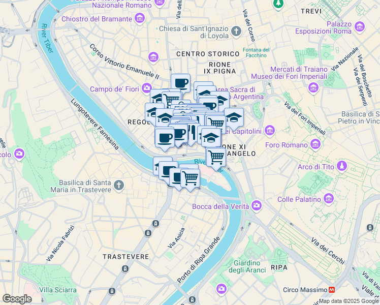 map of restaurants, bars, coffee shops, grocery stores, and more near 5 Lungotevere de' Cenci in Roma