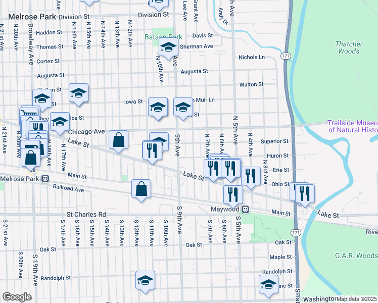 map of restaurants, bars, coffee shops, grocery stores, and more near 507 North 8th Avenue in Maywood