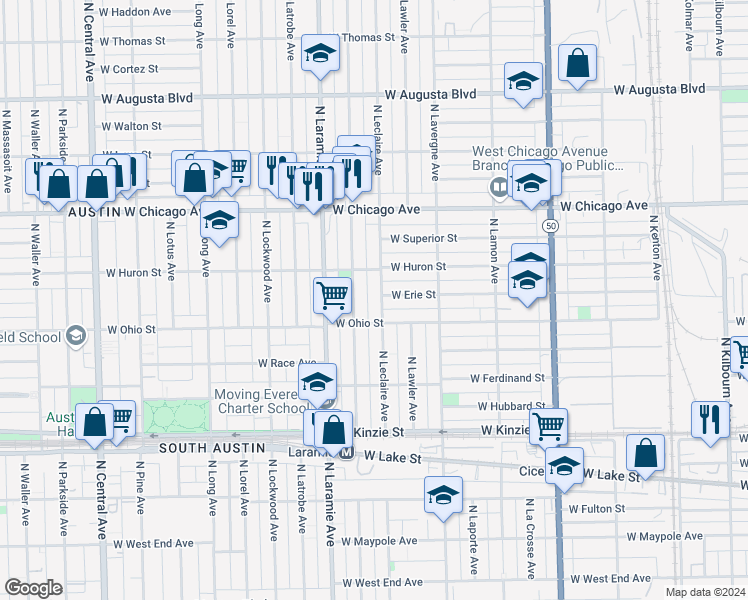 map of restaurants, bars, coffee shops, grocery stores, and more near 622 North Leclaire Avenue in Chicago
