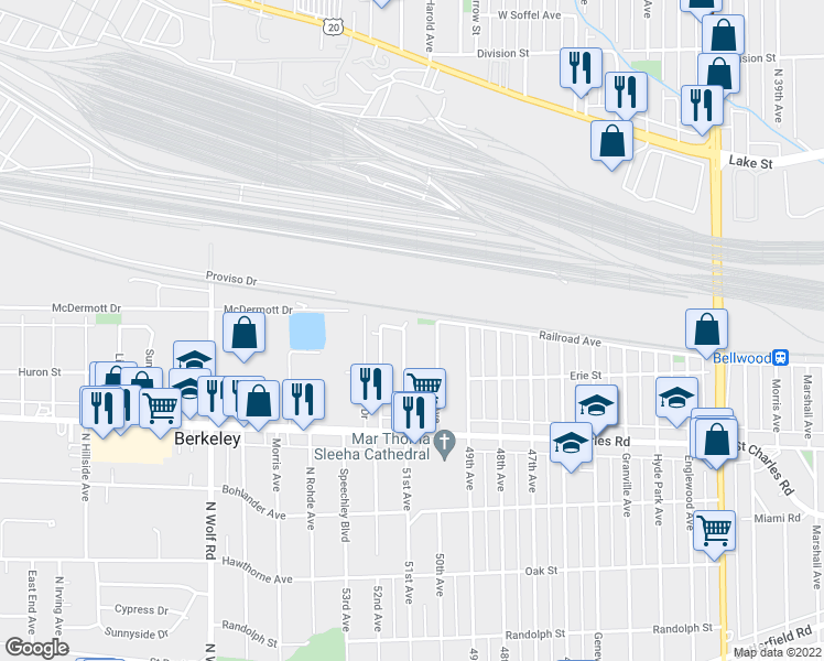 map of restaurants, bars, coffee shops, grocery stores, and more near 15 51st Avenue in Bellwood