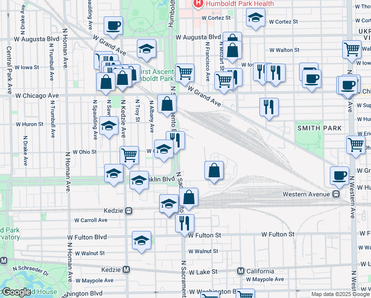 map of restaurants, bars, coffee shops, grocery stores, and more near 605 North Sacramento Boulevard in Chicago