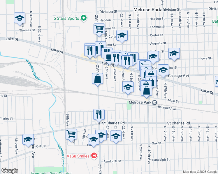 map of restaurants, bars, coffee shops, grocery stores, and more near 109 North 24th Avenue in Melrose Park