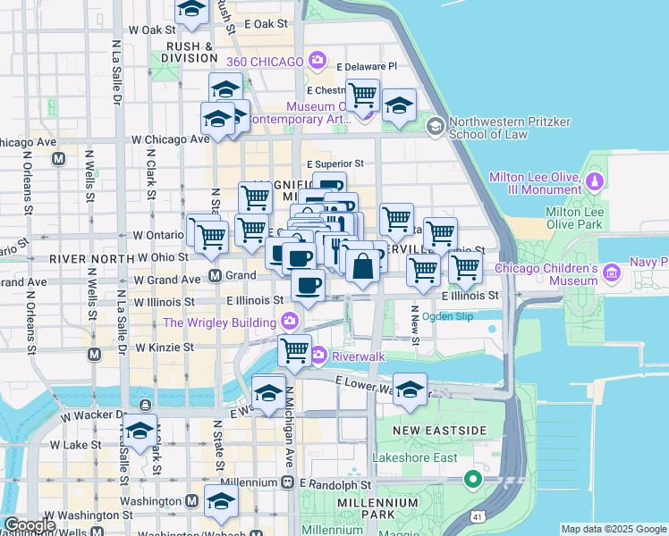 map of restaurants, bars, coffee shops, grocery stores, and more near 535 North Saint Clair Street in Chicago