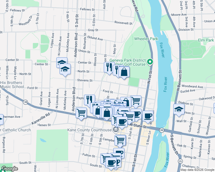 map of restaurants, bars, coffee shops, grocery stores, and more near 317 North 5th Street in Geneva