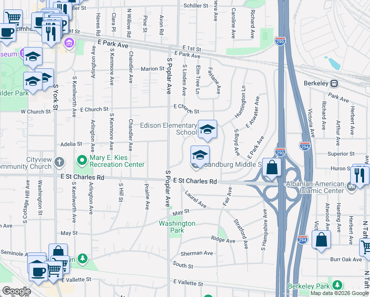 map of restaurants, bars, coffee shops, grocery stores, and more near 330 Huntington Lane in Elmhurst