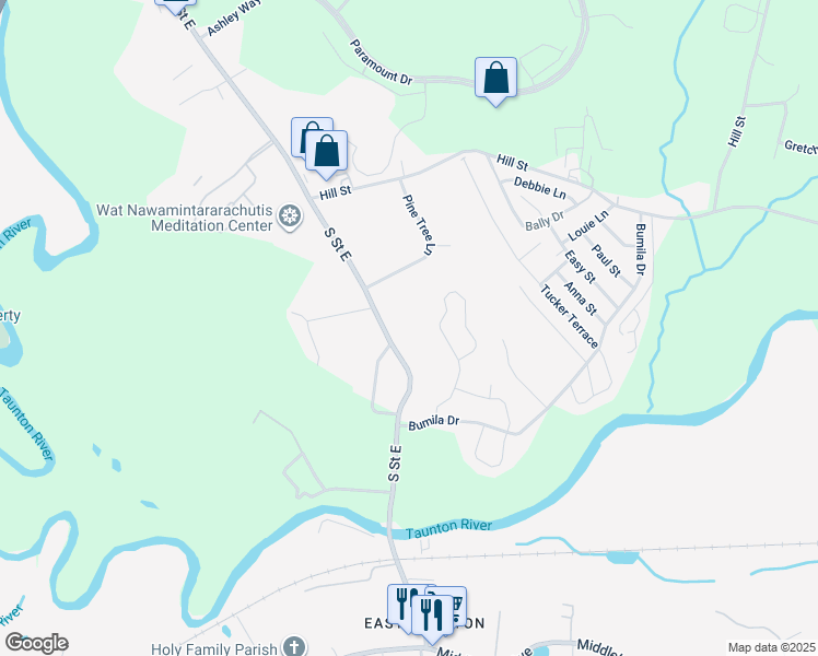 map of restaurants, bars, coffee shops, grocery stores, and more near 221 South Street East in Raynham