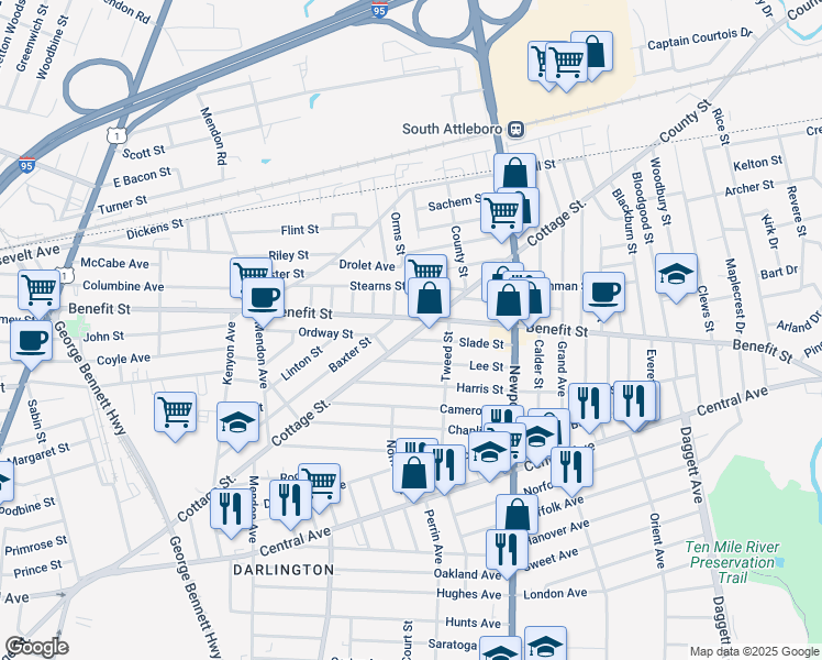 map of restaurants, bars, coffee shops, grocery stores, and more near 632 Cottage Street in Pawtucket
