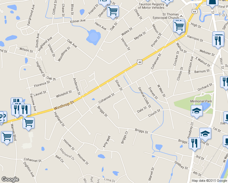 map of restaurants, bars, coffee shops, grocery stores, and more near 525 Cohannet Street in Taunton