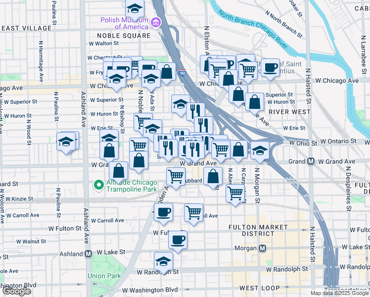 map of restaurants, bars, coffee shops, grocery stores, and more near 532 North Ogden Avenue in Chicago