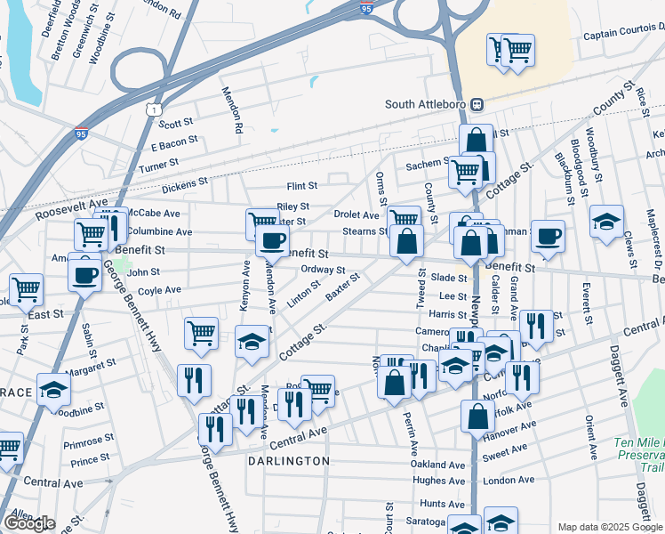 map of restaurants, bars, coffee shops, grocery stores, and more near 66 Ordway Street in Pawtucket