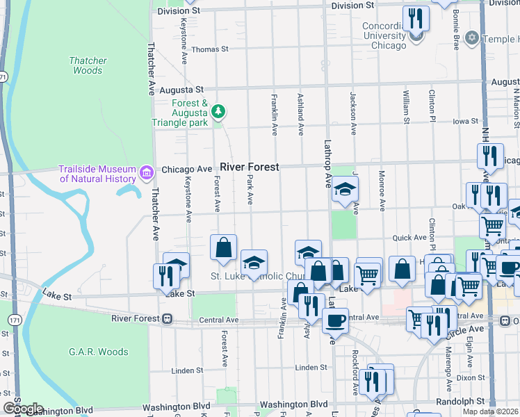 map of restaurants, bars, coffee shops, grocery stores, and more near 703 Park Ave in River Forest