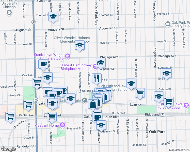 map of restaurants, bars, coffee shops, grocery stores, and more near 319 North Oak Park Avenue in Oak Park