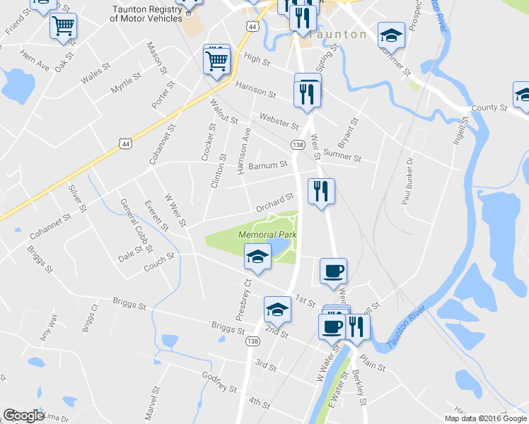 map of restaurants, bars, coffee shops, grocery stores, and more near 20 Orchard Street in Taunton