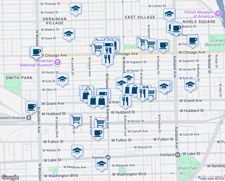 map of restaurants, bars, coffee shops, grocery stores, and more near 1953 West Ohio Street in Chicago