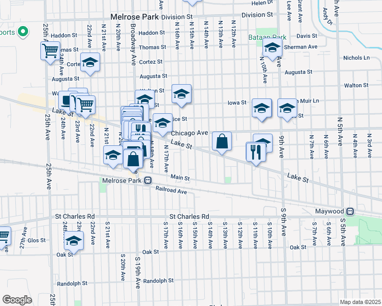 map of restaurants, bars, coffee shops, grocery stores, and more near 1504 West Lake Street in Melrose Park
