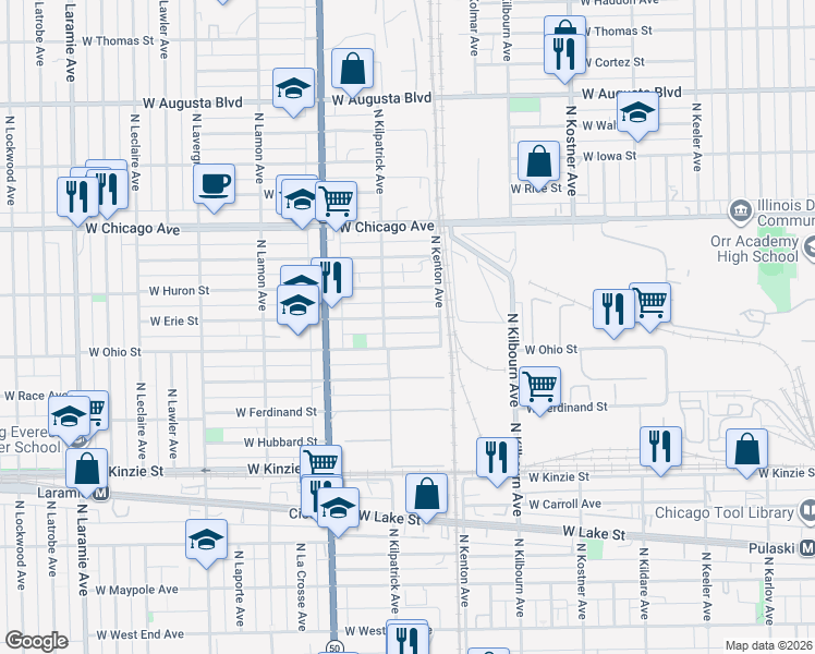 map of restaurants, bars, coffee shops, grocery stores, and more near 4637 West Erie Street in Chicago