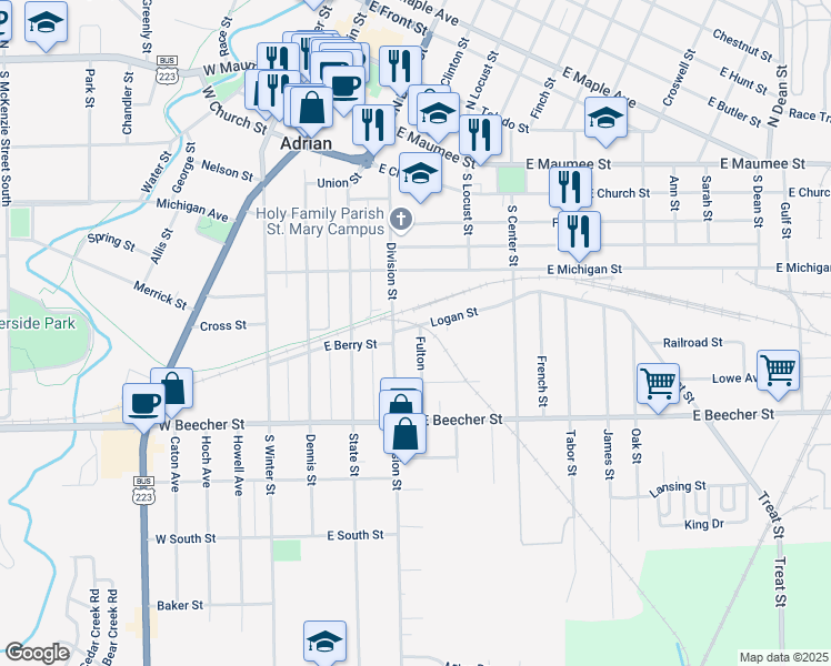 map of restaurants, bars, coffee shops, grocery stores, and more near 322 Logan Street in Adrian