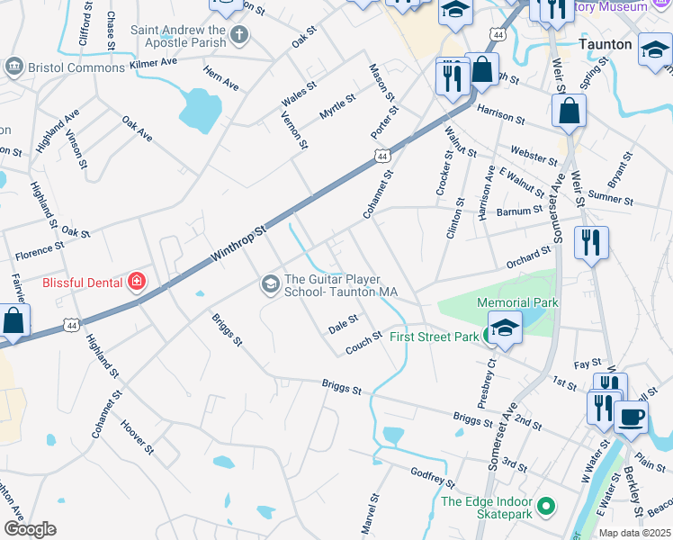 map of restaurants, bars, coffee shops, grocery stores, and more near 13 General Cobb Street in Taunton