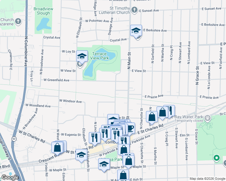map of restaurants, bars, coffee shops, grocery stores, and more near 218 North Park Avenue in Lombard
