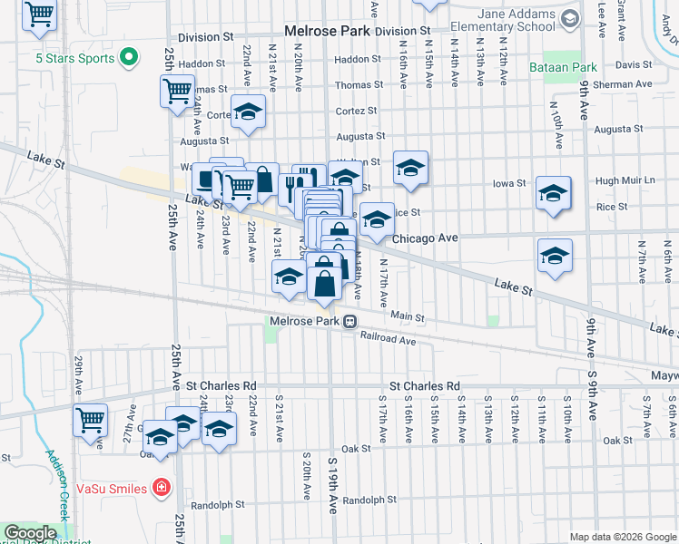 map of restaurants, bars, coffee shops, grocery stores, and more near 129 North 19th Avenue in Melrose Park