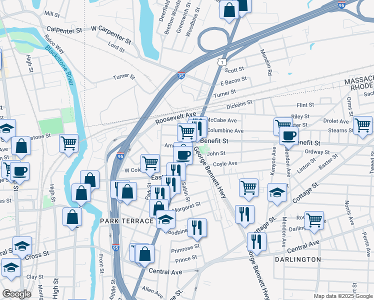 map of restaurants, bars, coffee shops, grocery stores, and more near 37 Amey Street in Pawtucket