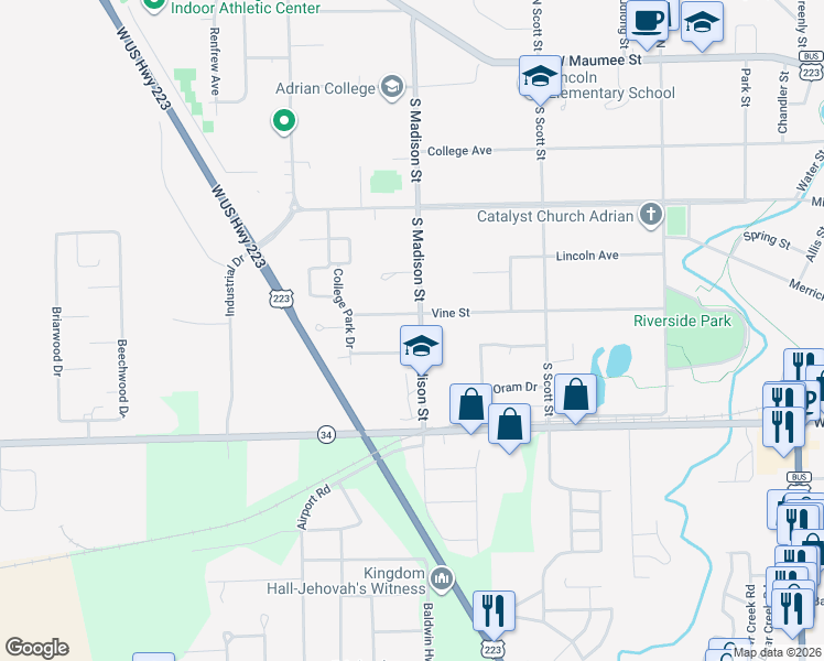 map of restaurants, bars, coffee shops, grocery stores, and more near 514 South Madison Street in Adrian