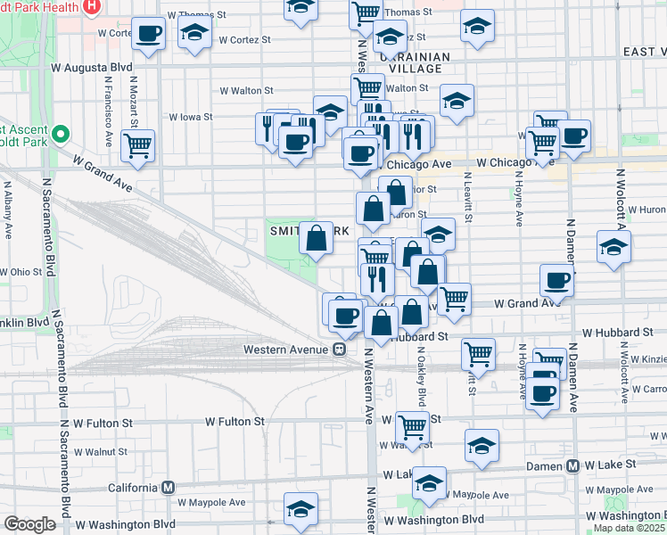 map of restaurants, bars, coffee shops, grocery stores, and more near 2440 West Ohio Street in Chicago