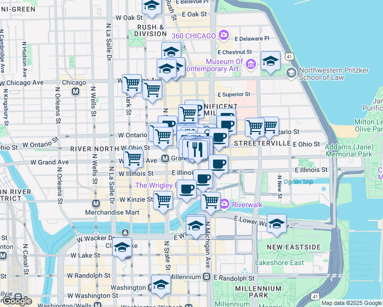 map of restaurants, bars, coffee shops, grocery stores, and more near 43 East Ohio Street in Chicago