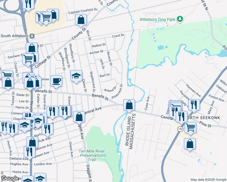 map of restaurants, bars, coffee shops, grocery stores, and more near 29 Arland Drive in Pawtucket
