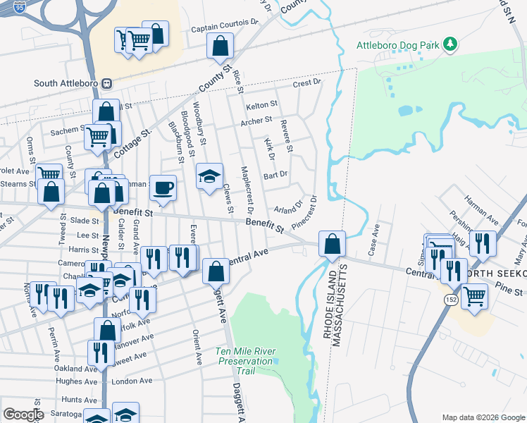 map of restaurants, bars, coffee shops, grocery stores, and more near 10 Rice Street in Pawtucket