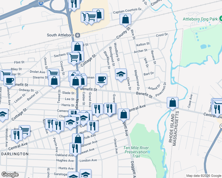 map of restaurants, bars, coffee shops, grocery stores, and more near 566 Benefit Street in Pawtucket