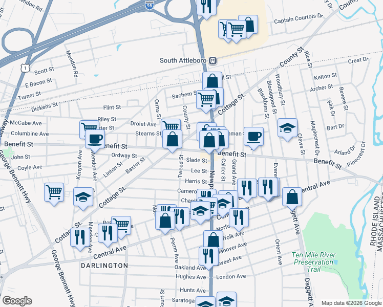 map of restaurants, bars, coffee shops, grocery stores, and more near 40 Slade Street in Pawtucket