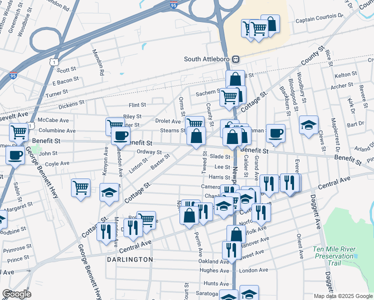 map of restaurants, bars, coffee shops, grocery stores, and more near 632 Cottage Street in Pawtucket