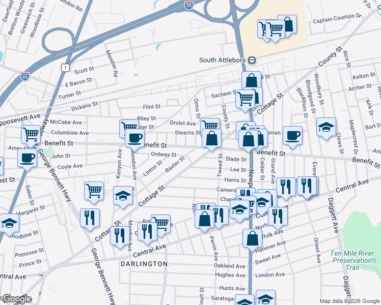 map of restaurants, bars, coffee shops, grocery stores, and more near 94 Ordway Street in Pawtucket
