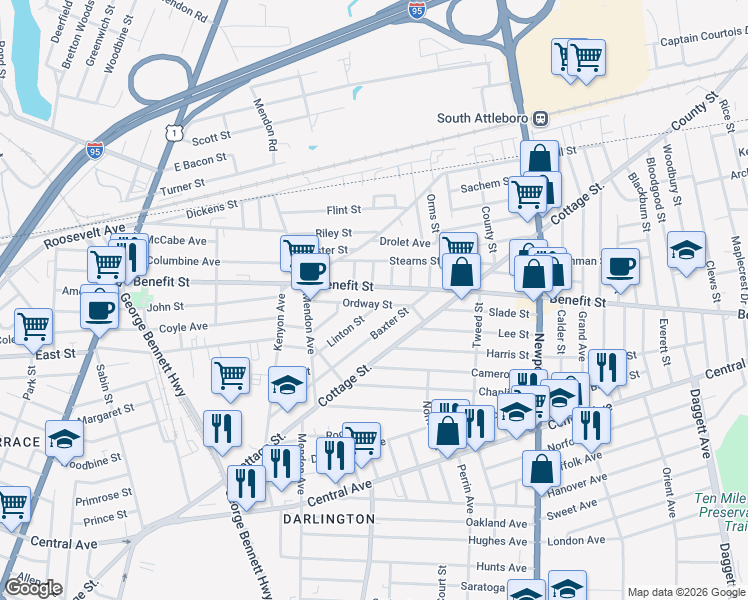 map of restaurants, bars, coffee shops, grocery stores, and more near 66 Ordway Street in Pawtucket