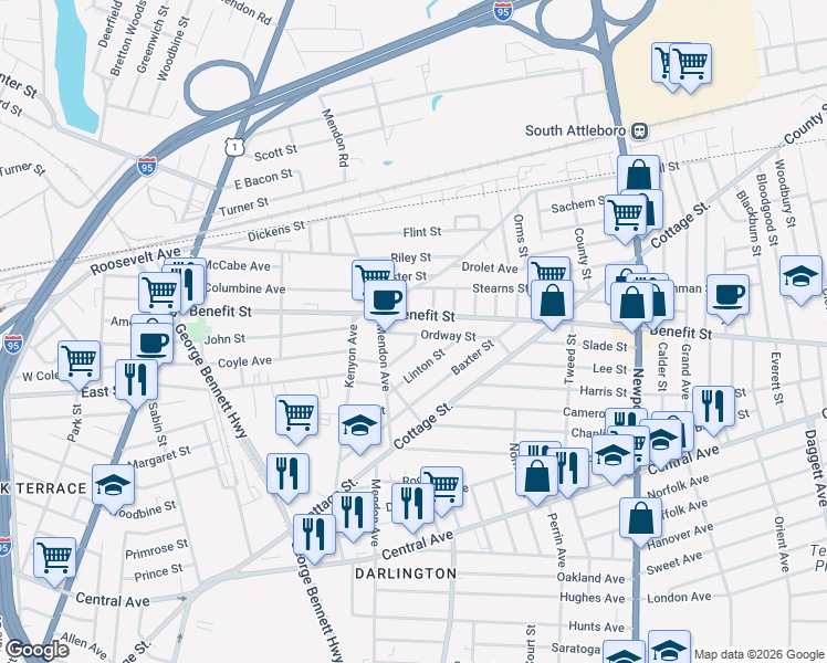 map of restaurants, bars, coffee shops, grocery stores, and more near 32 Ordway Street in Pawtucket