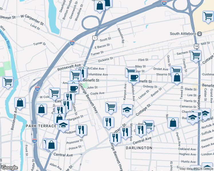 map of restaurants, bars, coffee shops, grocery stores, and more near 90 John Street in Pawtucket