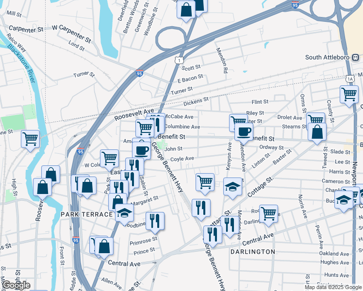 map of restaurants, bars, coffee shops, grocery stores, and more near 60 John Street in Pawtucket