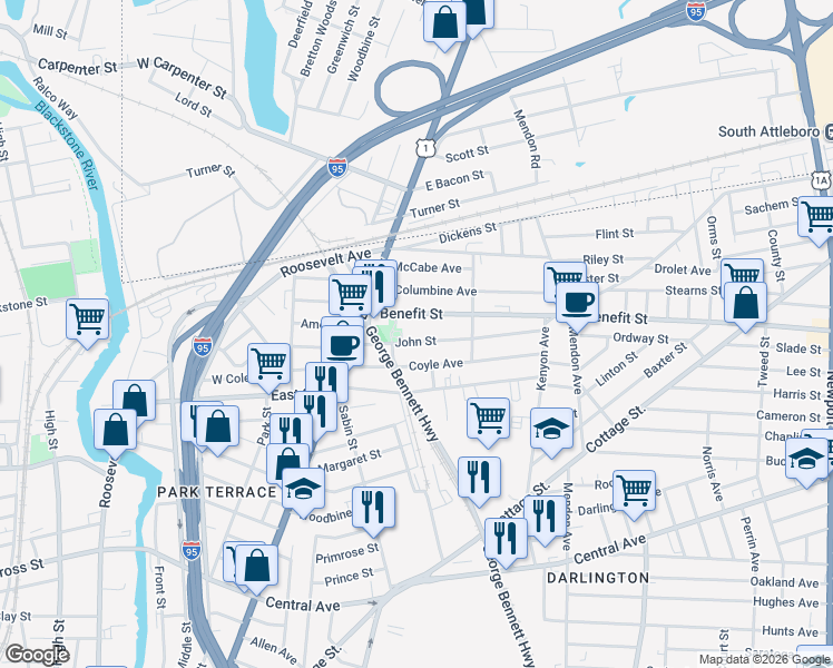 map of restaurants, bars, coffee shops, grocery stores, and more near 60 John Street in Pawtucket