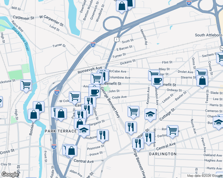 map of restaurants, bars, coffee shops, grocery stores, and more near 60 John Street in Pawtucket