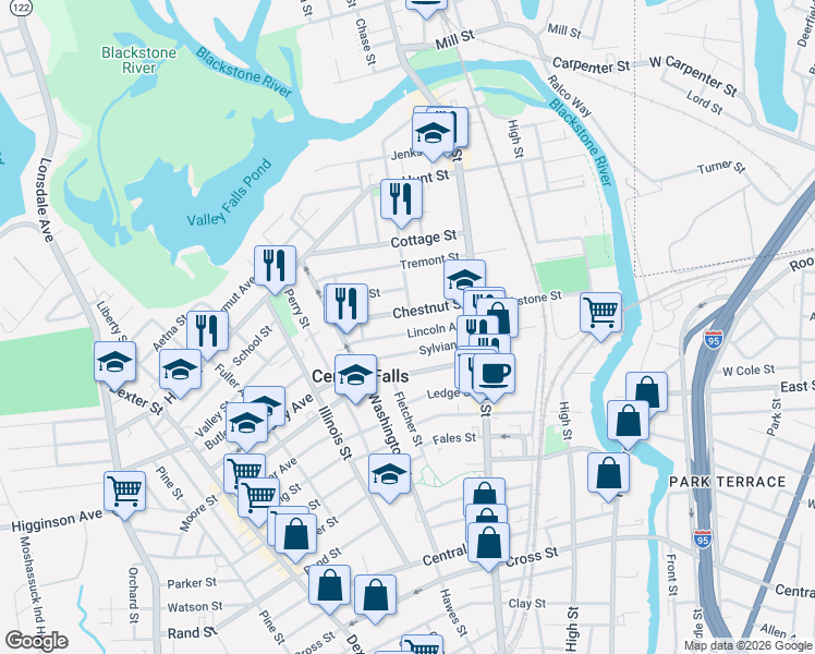 map of restaurants, bars, coffee shops, grocery stores, and more near 111 Lincoln Avenue in Central Falls