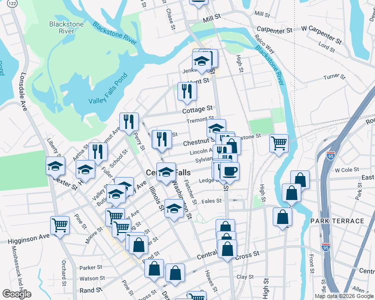 map of restaurants, bars, coffee shops, grocery stores, and more near 111 Lincoln Avenue in Central Falls