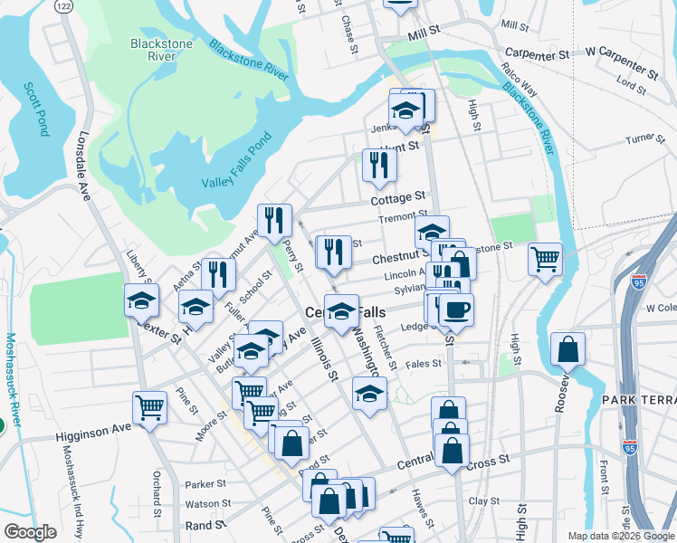 map of restaurants, bars, coffee shops, grocery stores, and more near 12 Acorn Street in Cumberland